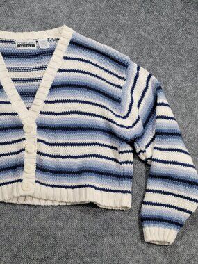 CONTEMPO Casuals Blue White Striped V-Neck cropped button-up knit cardigan